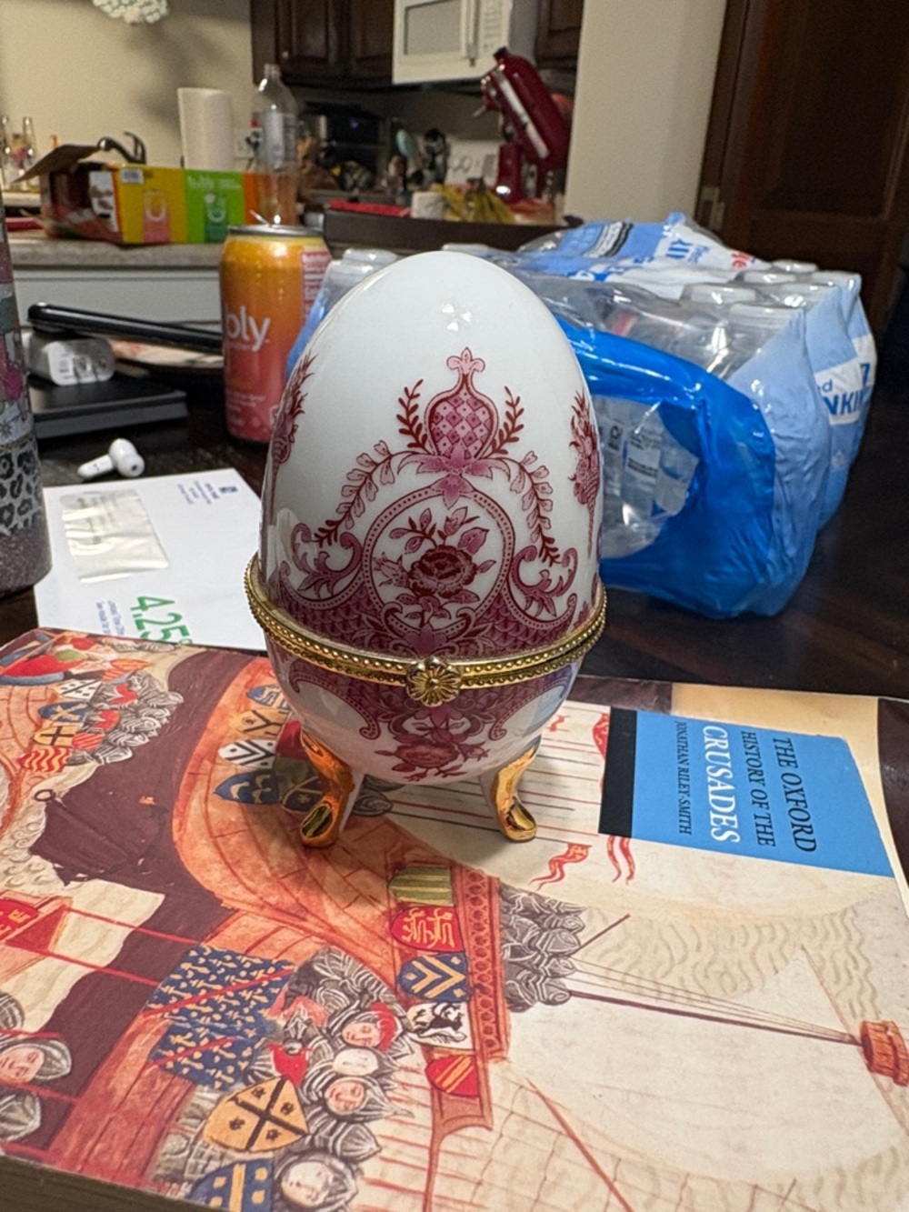 Ornate Decorative Porcelain Egg Trinket Box - White & Burgundy